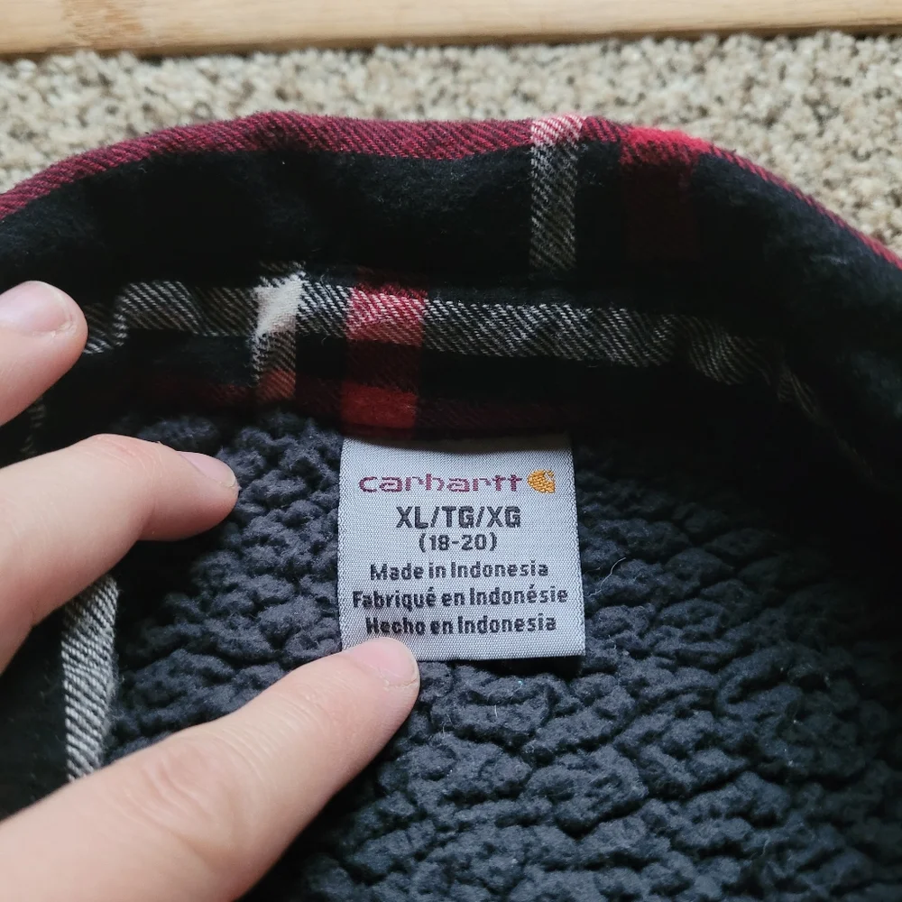 Carhartt Kids Coat XL 18/20 Plaid Sherpa Chore Barn Work Red Black Pockets Warm